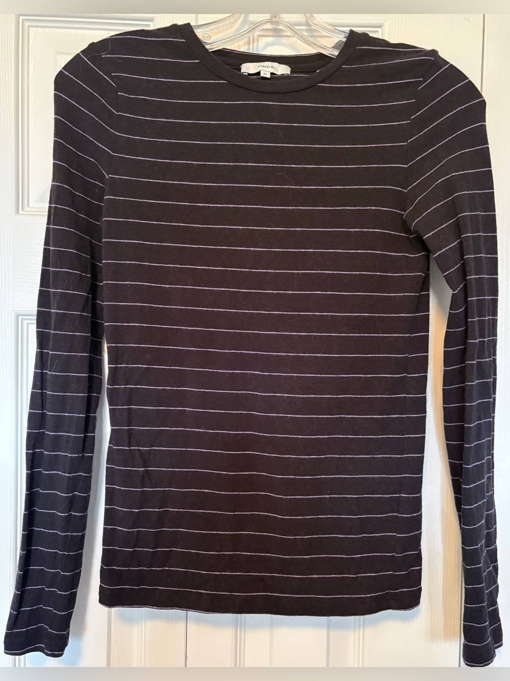 Vince Luxury Striped Long Sleeve Crewneck T-Shirt Black Purple Stripes XSmall XS
